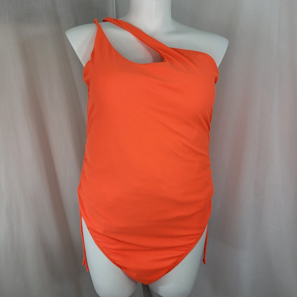 Fashion Nova 1 Pc SWIMSUIT Womens Size 3X Orange Ruched Sides One Shoulder NWT